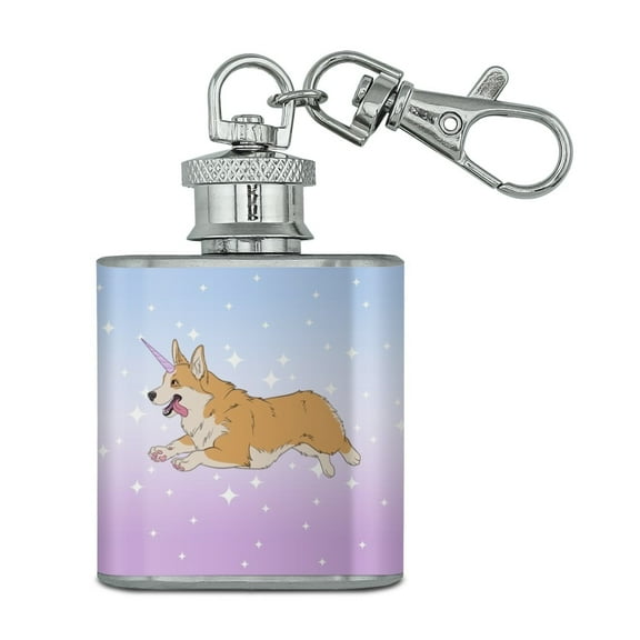 Unicorg Corgi Unicorn Stainless Steel 1oz Mini Flask Key Chain