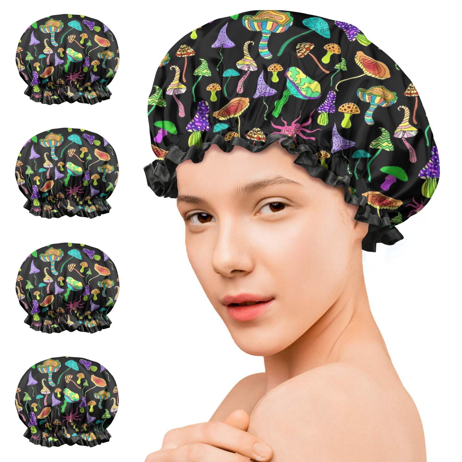 Shower Caps,Red Mushroom Black Pattern Waterproof Shower Cap for Women 4 Pieces,Double Reusable Hair Cover for Shower PEVA Elastic Stretch Hem