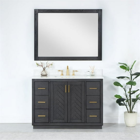 Gazsi 48" Single Bathroom Vanity Set in Brown Oak with Grain White Composite Stone Countertop with Mirror