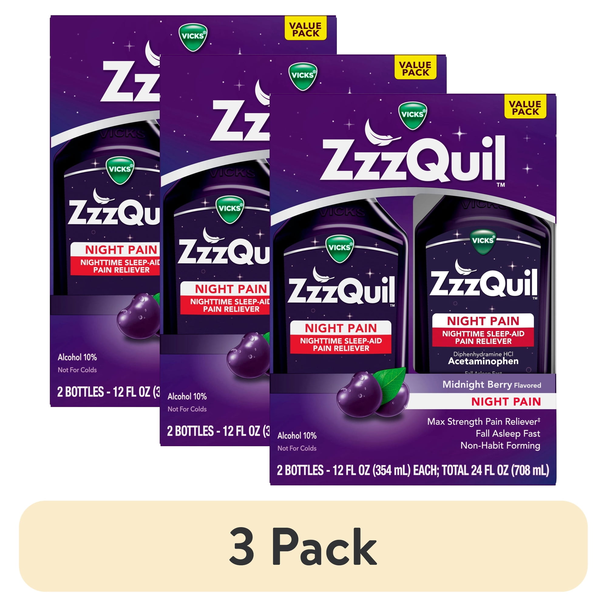 (3 pack) ZzzQuil Liquid Pain Reliever Sleep Aid, Acetaminophen 1000mg, Diphenhydramine 50mg HCI, Midnight Berry Flavor, 2 Pack, 24 fl oz