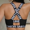 thumbnail image 5 of Alun Women's Letter Print Sports Bras Soft Breathable Cross-Back Design Comfort Activewear Stretch Lightweight Stylish Ribbing Full Coverage Everyday Gym Bralette Black M, 5 of 6