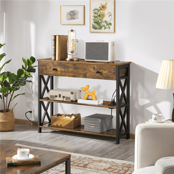 Yaheetech Vintage Wooden Console Table with Power Outlet for Home Living Room, Rustic Brown