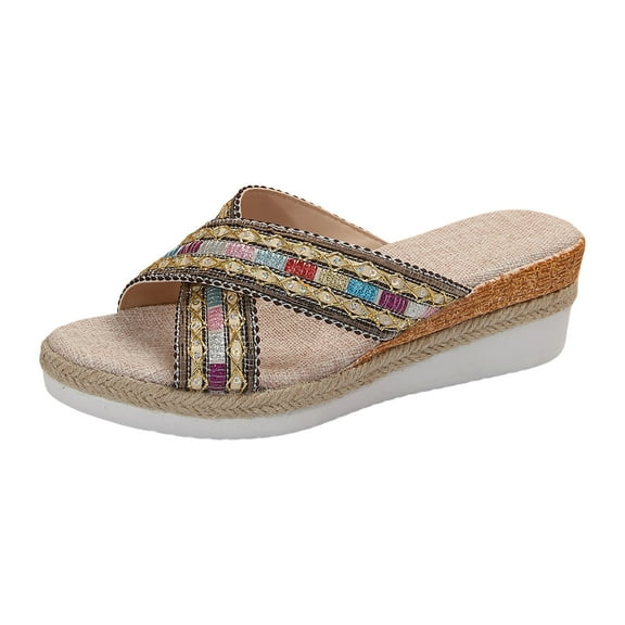 IUJSOY Wedge Sandals for Women Criss Cross Open Toe Espadrilles Heels Bohemian Embroidery Slides