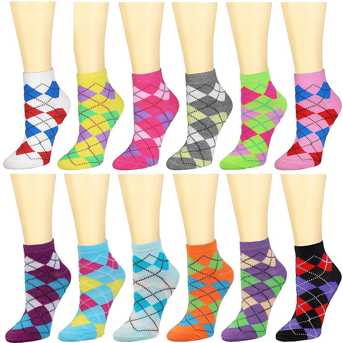 12 Pairs Women's Ankle Socks Assorted Colors Size 911 Argyle 1
