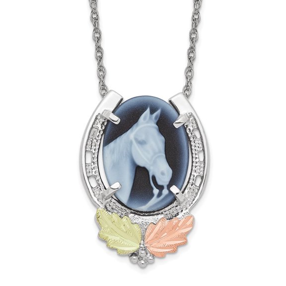 Auriga 925 Sterling Silver 12K Gold Accents Horseshoe with Blue Cameo Necklace for Women 18"