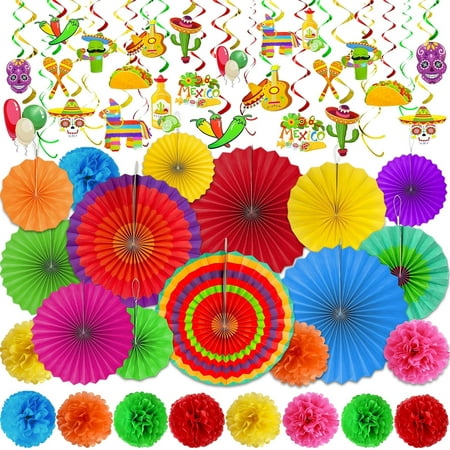 XD-58 Pieces Cinco De Mayo Party Decorations, Mexican Fiesta Party Decorations Multicolor Paper Fans Pom Poms Hanging Swirls for Mexican Theme Party Decorations Taco Tuesday*1