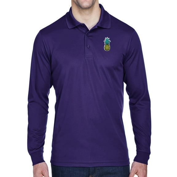 Mens Pineapple Patch Long Sleeve Polo Shirt - Purple, Large