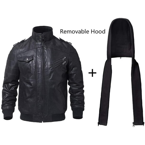 Mens Brown Real Leather Jacket with Removable Hood (XX-Large