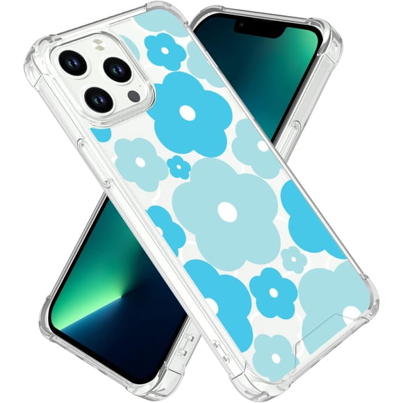 for iPhone 13 Pro Max Case Cute Kawaii Blue Flower Floral Aesthetic Clear Phone Case for Girls Preppy Women -