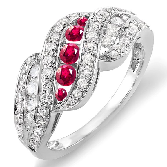 Dazzlingrock Collection 10K Round White Diamond And Ruby Ladies Cocktail Right Hand Ring, White Gold, Size 8