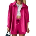 thumbnail image 3 of vigerkar Women's 2 Piece Lounge Tracksuit Outfit Sets Cotton Linen Long sleeve Shirt and Drawstring Casual Shorts Set Hot Pink, L, 3 of 8