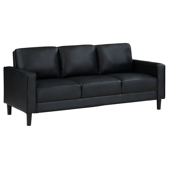 Rumi Sofa, Black Faux Leather, Modern Track Arms, Foam Cushions, 77 Inch