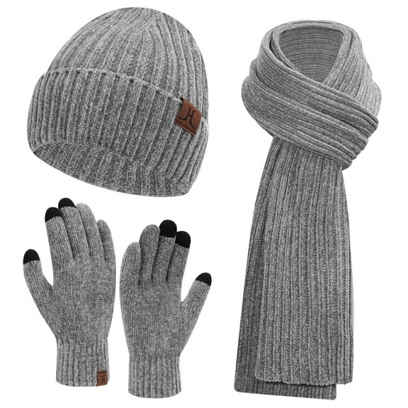 FZ FANTASTIC ZONE Woman Men Winter Warm Hat Beanie Long Scarves Touch Screen Gloves Knit Set,Grey