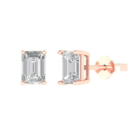 2 ct Push-Back Stud Earrings for Women | 7x5mm Emerald Cut Moissanite | 18K Rose Gold