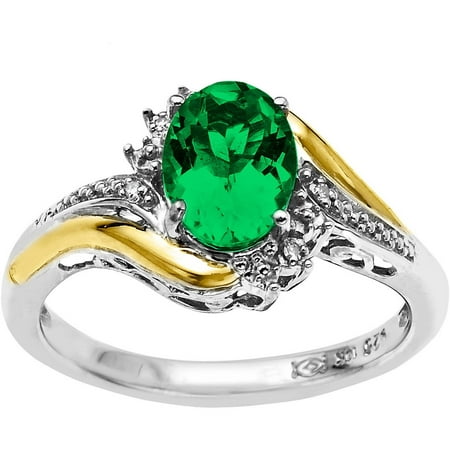 Duet Sterling Silver with 10kt Yellow Gold Oval Created Emerald and Diamond Accent Ring