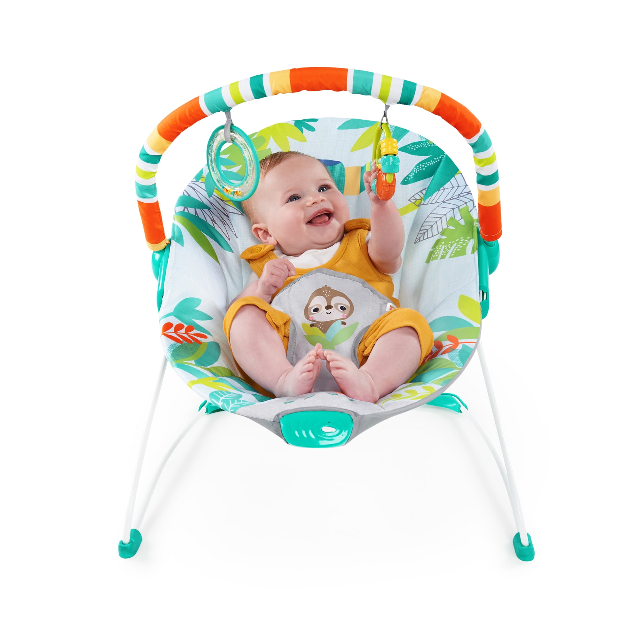 Bright Starts Rainforest Vibes Vibrating Baby Bouncer with Toy Bar, Green, Ages 0-6 Months