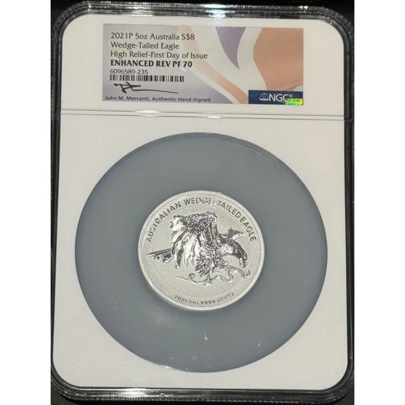 2021 P Australian Wedge-Tailed Eagle 5 ozt Silver NGC PF-70 Mercanti Enhanced Rev Proof, High Relief, First Day of Issue