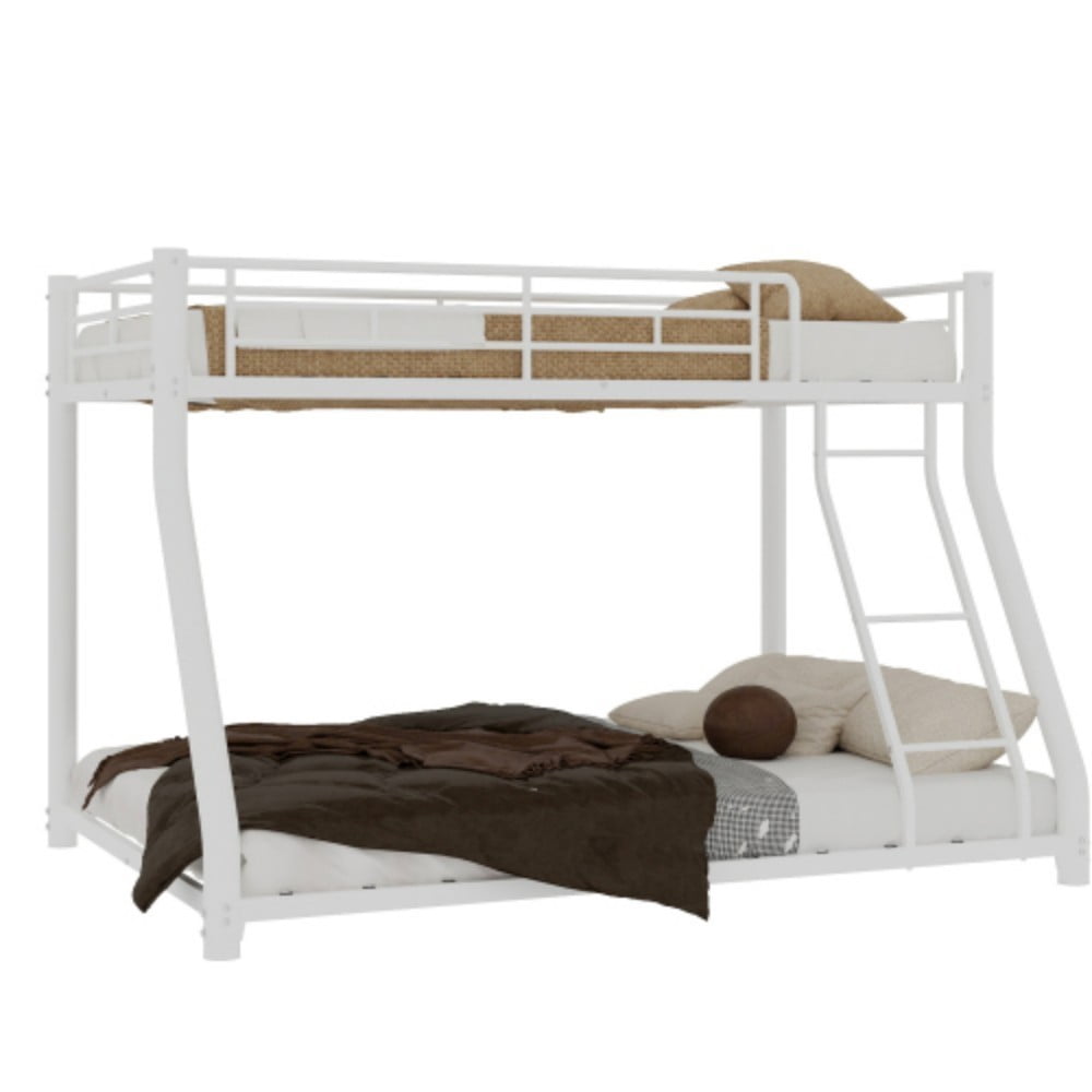 Twin Over Full Metal Bunk Bed, Heavy Duty Frame with Guardrails, Space-Saving Design, Twin & Full Mattress Compatible, Classic White