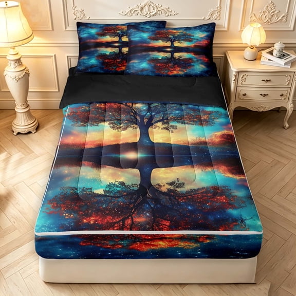 Homewish Tree Of Life Botanical Art Zipper Twin Comforter Sets with Fitted Sheet and 2 Pillowcases,Watercolor Gradient Zipper Bedding Set,Black Reversible,4pcs
