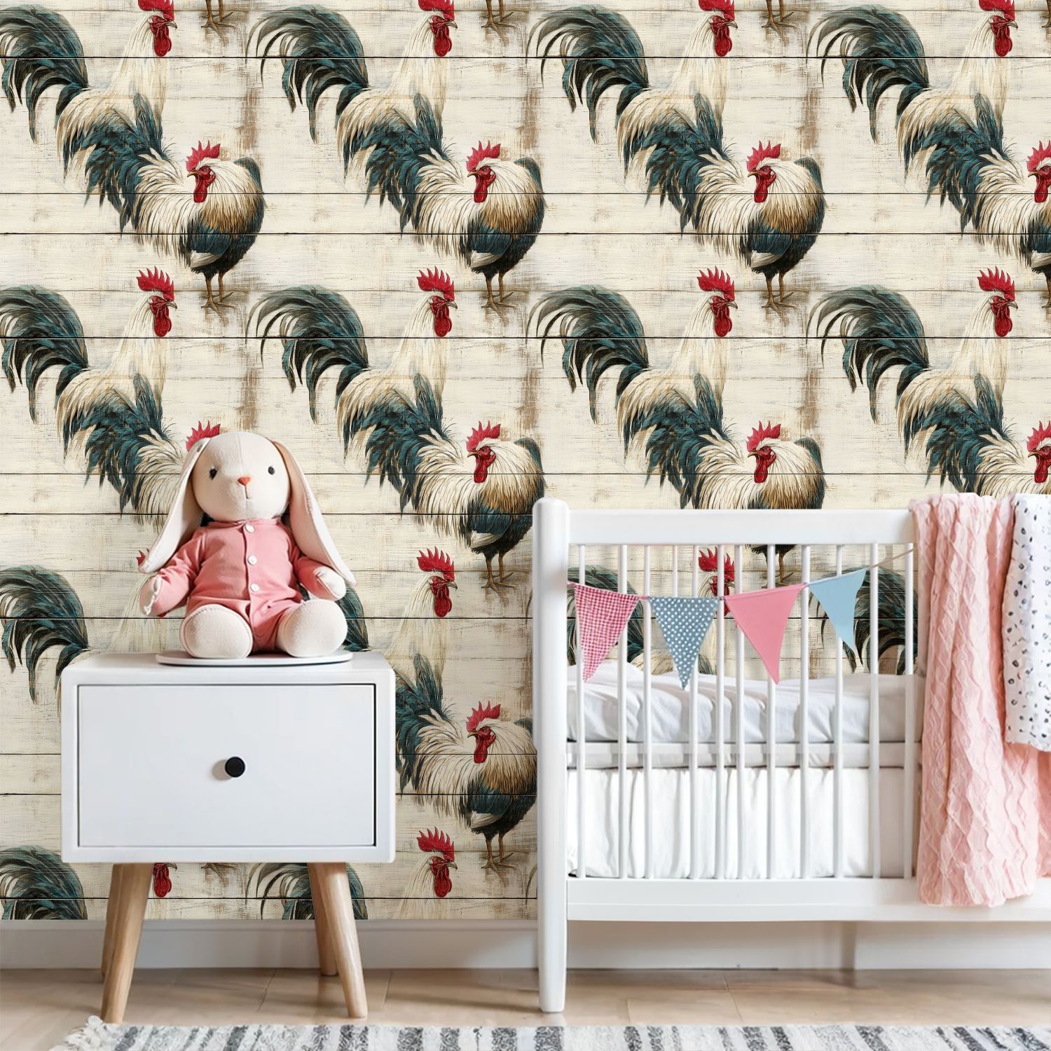Farmhouse Peel and Stick Wallpaper 23.6in x 9.8ft Vintage Roosters Weathered Wood Planks Red Comb Contact Paper Vinyl Waterproof Self Adhesive Wall Paper for Bedroom Shelf Cabinet Renter Friendly