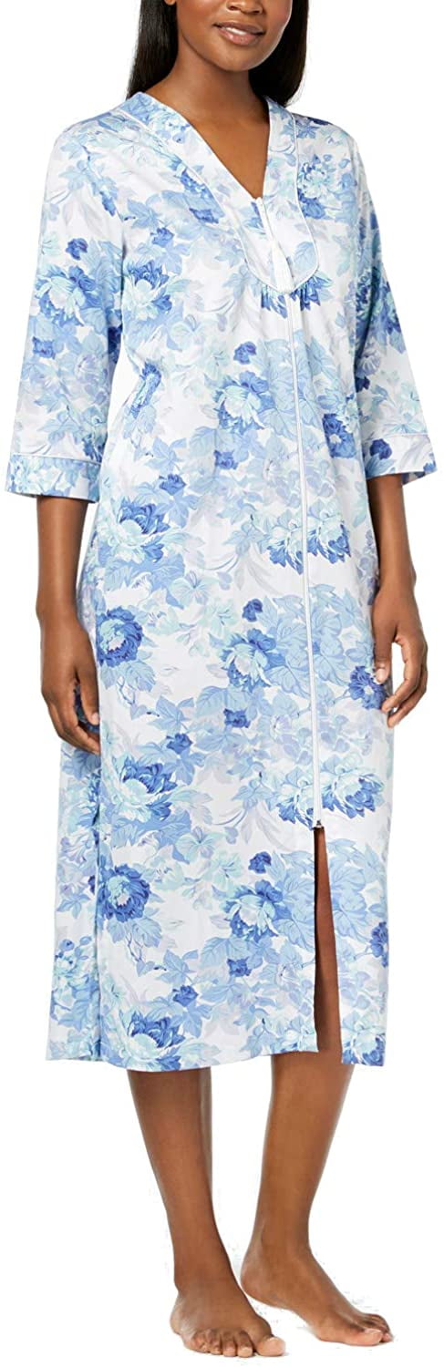 Miss Elaine Women's Cotton Sateen Zipper Floral Print Robe Blue Floral