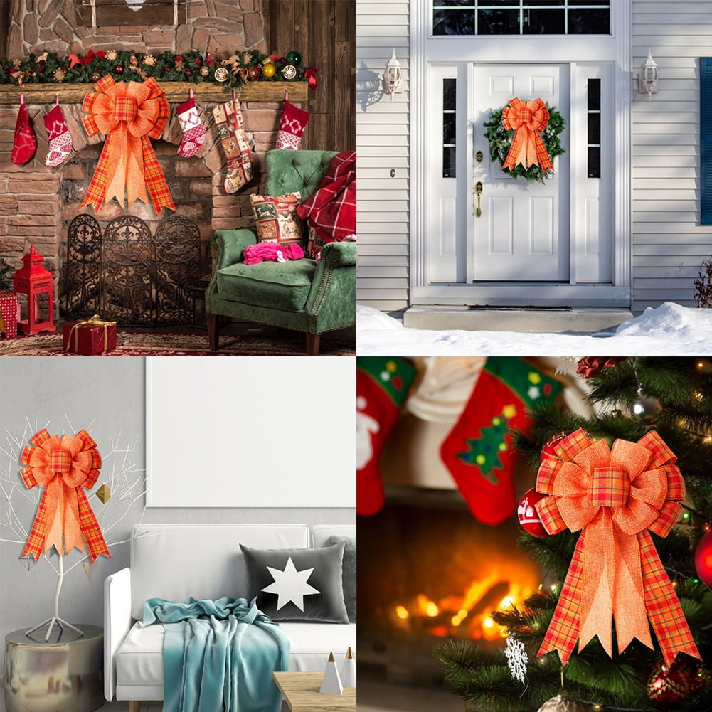 2/4/6 PCS Large Fall Thanksgiving Wreath Gift Bow -18.9x10.6inch Orange Buffalo Plaid Check Wreath Swag Bow Wreath Pre-Tied Bow for Fall, Thanksgiving, Christmas, Home Indoor Outdoor Ornaments