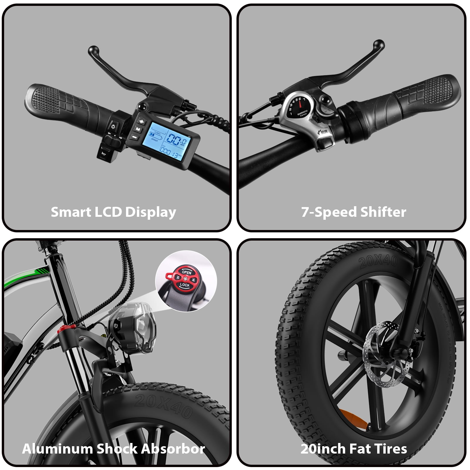 VTOKW Electric Bike for Adults, Peak 1000W Electric Bicycles for Adults, 20X4.0" Fat Tire Ebike, 48V/13AH Battery, 25MPH E-Mountain Bike, 7-Speed Front Suspension Ebike for Adults UL2849