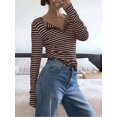thumbnail image 5 of Women's Henley Neck Striped Long Sleeve Slim Fit Knit Top Brown XXL, 5 of 9