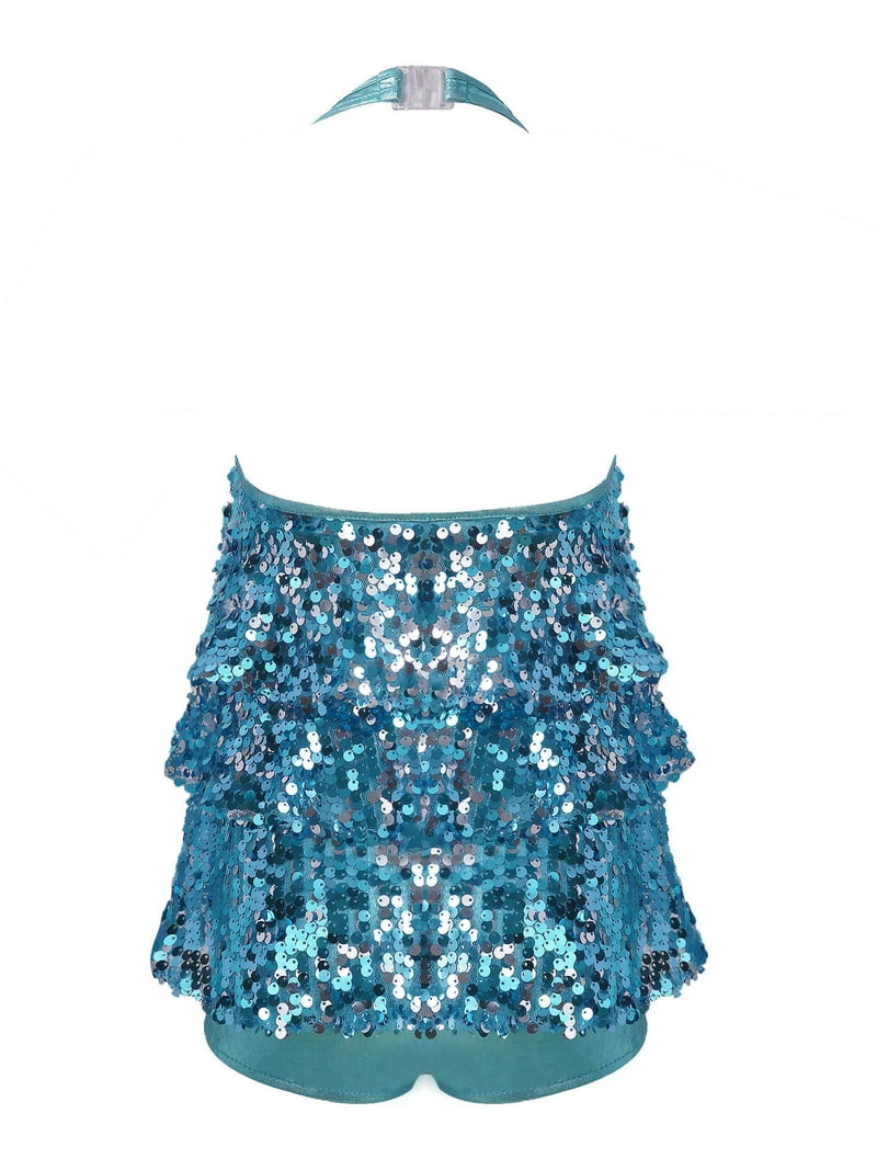 Yartina Girls Sparkly Sequined Tiered Halter Dance Dress Backless Leotard Tutu  Skirt Blue 4 - Walmart.com