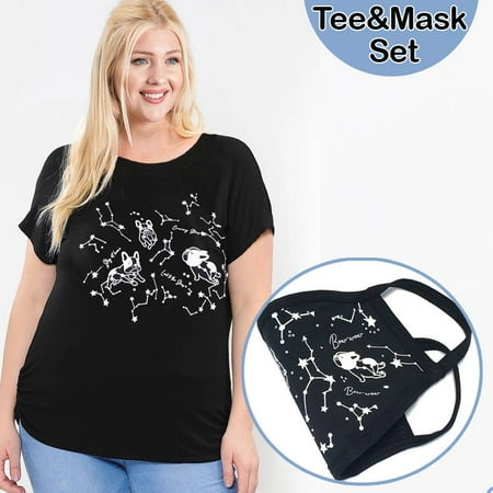2Pcs Set Plus Size Women GRAPHIC TEE & PRINT RHINESTONE COTTON FACE MASK SET Made in USA 1XL