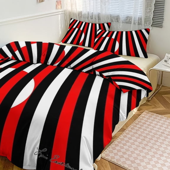 3 Pcs Soft Bedding Set, Includes 1 Duvet Cover with Zipper And 2 Pillow Shams,Black White And Red All Over! Twin(86"x70")