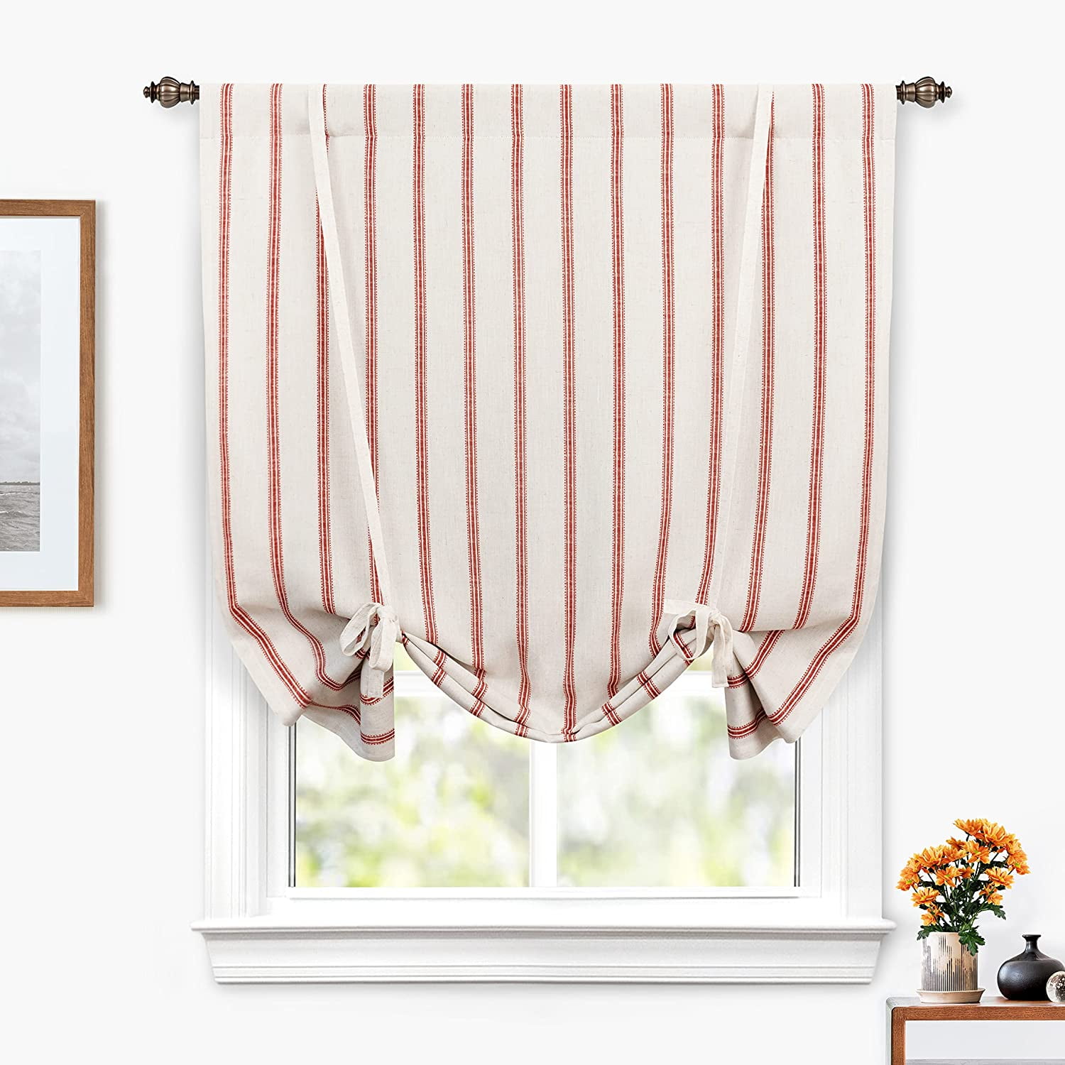 Driftaway Farmhouse Linen Blend Blackout Tie Up Curtain For Kitchen  Vertical Striped Printed Tie Up Shade For Bedroom Adjustable Balloon Rod  Pocket 45 Inch By 63 Inch Red - Walmart.Com