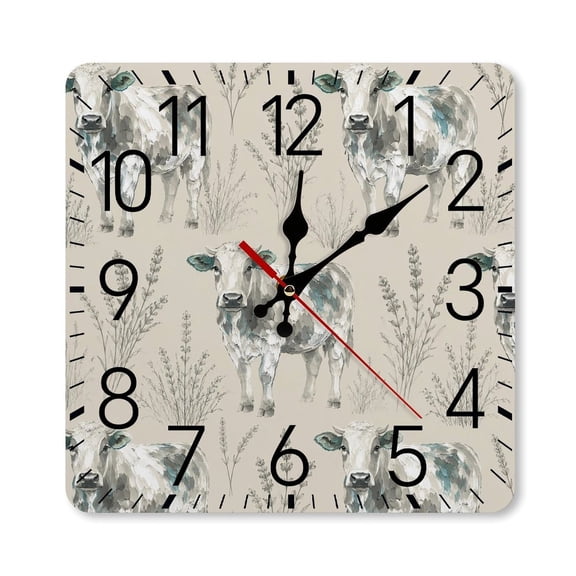 RKSupls 10×10inch Square Silent Wall Clock Wooden Frame, Watercolor Cows Pattern Scale Decorative Clock for Home Bedroom Living Room Office