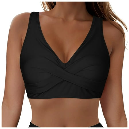 Siilsaa Women Sports Bra Bikini Tops Scoop Neck Bathing Suits Top Padded Swim Crop Tops Only Black XL