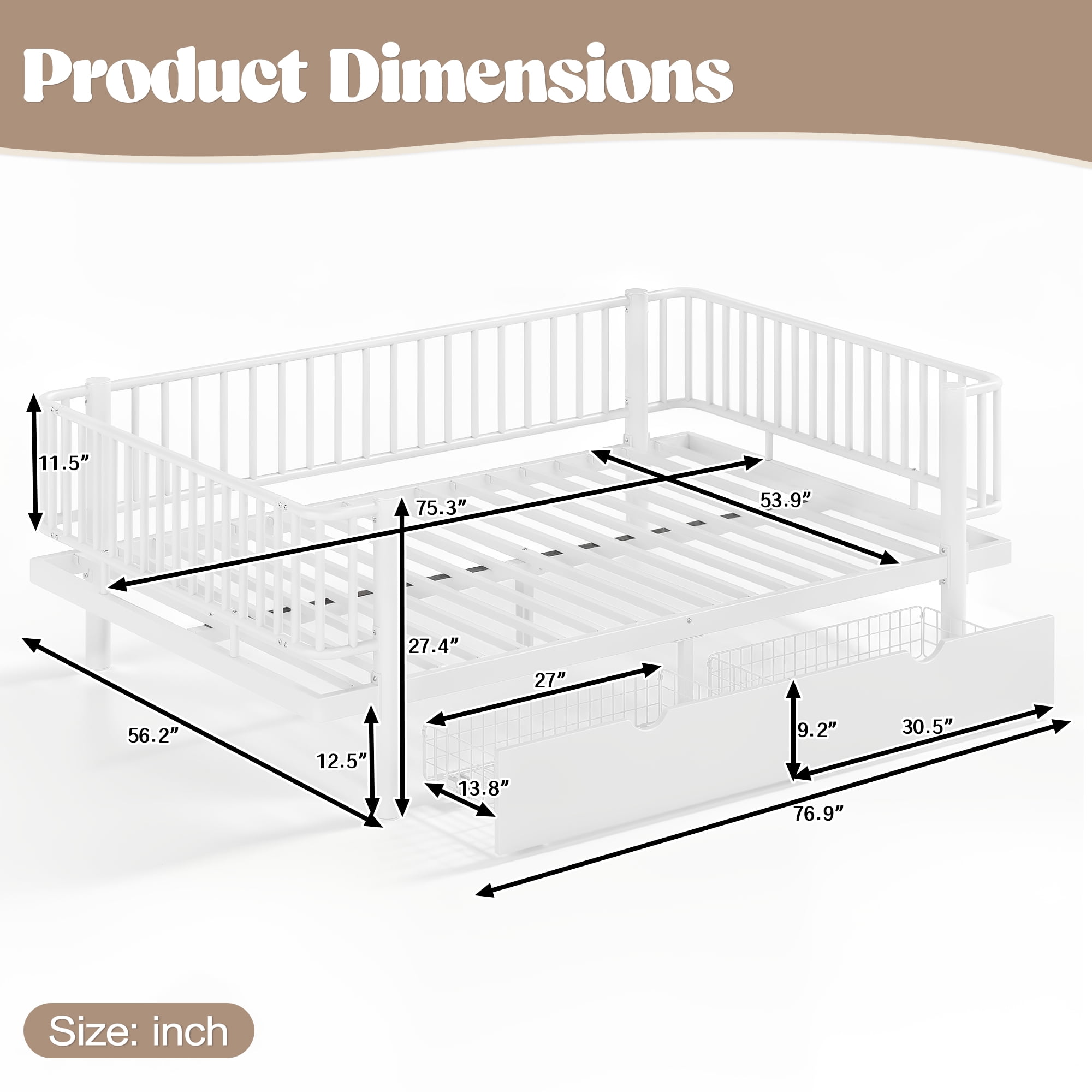Miniyam Full Metal Daybed Frame with Storage Drawers, Low Profile Platform Bed with Guardrails, White