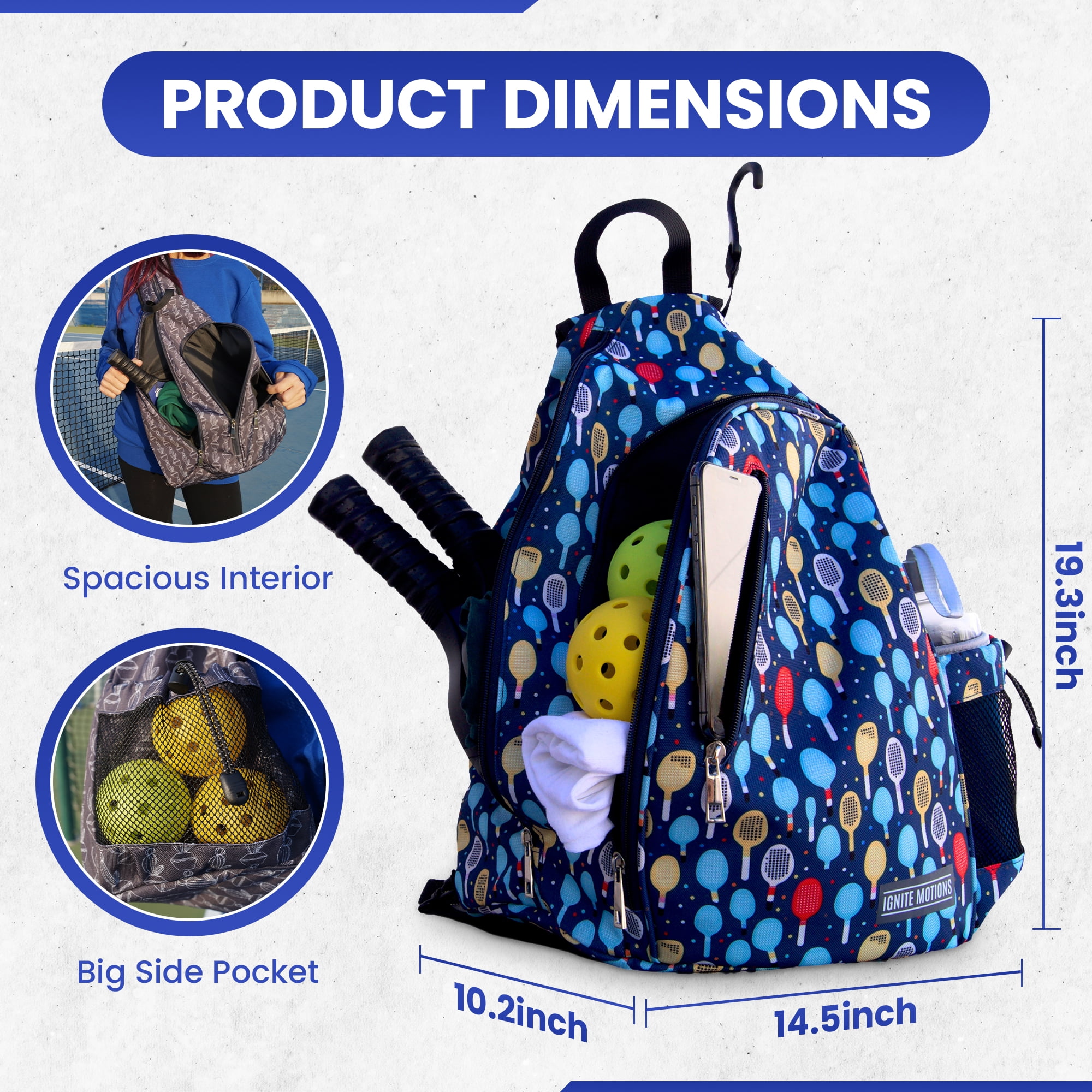 Ignite Motions Pickleball Sling Bag for Women and Men - Backpack with Fence Hook - Crossbody - Waterbottle Holder