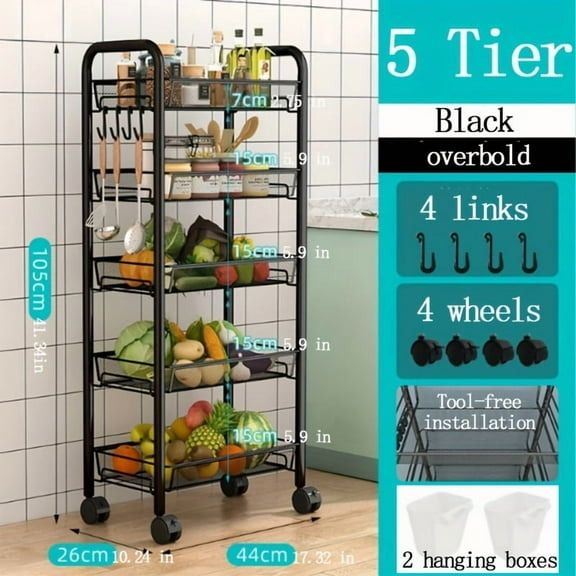 [TORRAINAKE Basket] TORRAINAKE 5 Tier Metal Wire Storage Basket | Fruit Vegetable Basket For Kitchen With Wheels, Organizer Cart For Kitchen, Pantry, Bathroom, Standing Shelf