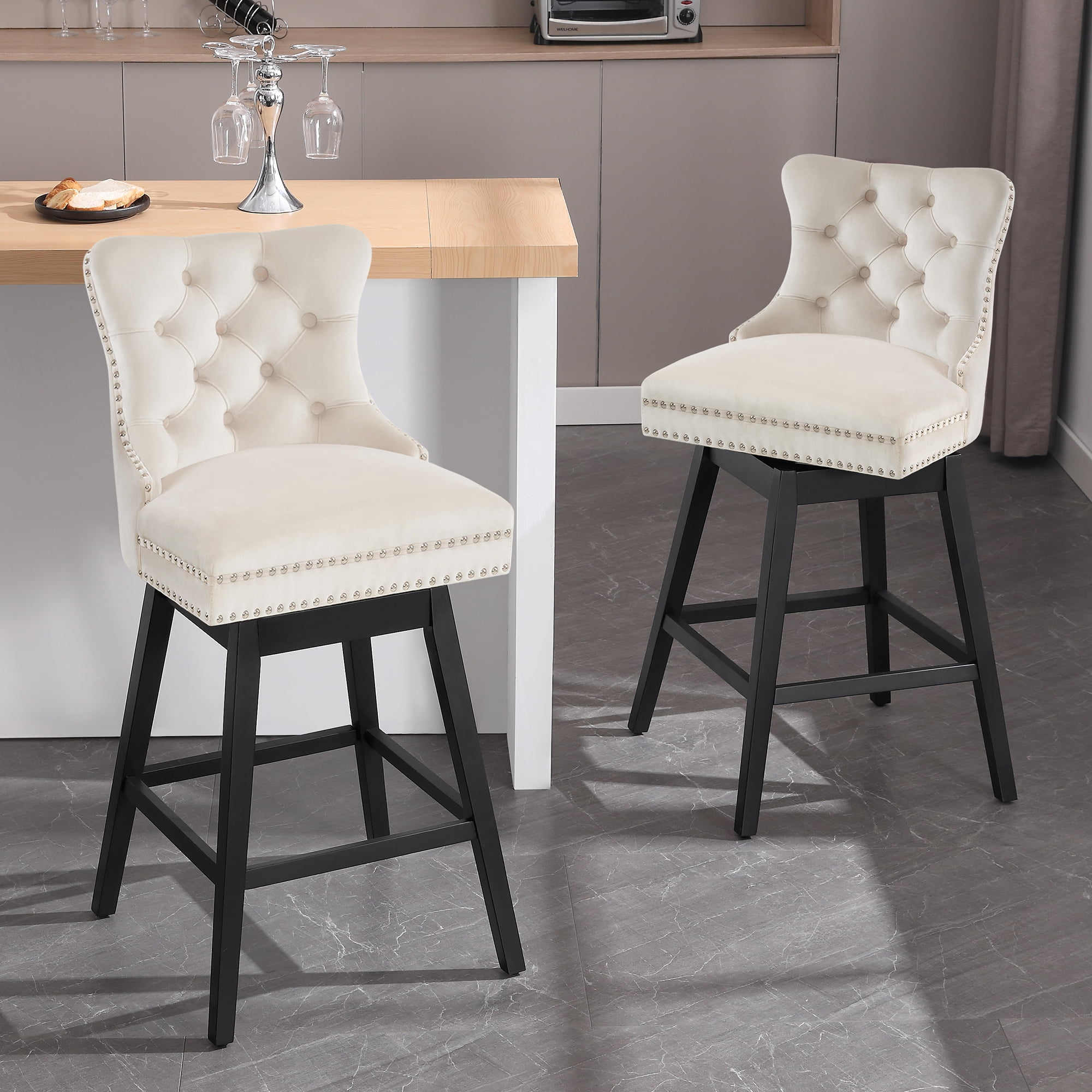Tewloss 26" Swivel Bar Stools Set of 2 Velvet Counter Height Chairs for Home Kitchen Dining, Beige