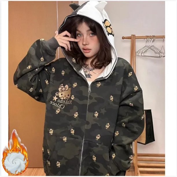 Sanrio Hello Kitty Zipper Cardigan Hoodie Y2K Cartoon Camouflage Blouse Sweatshirts Autumn Long Sleeve Sweater Jacket For Female