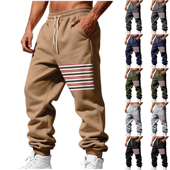 FRSASU Mens Fleece Lined Sweatpants Warm Winter Athletic Jogger Pants with Pockets Drawstring Outdoor Striped Vintage Tapered Trousers Navy