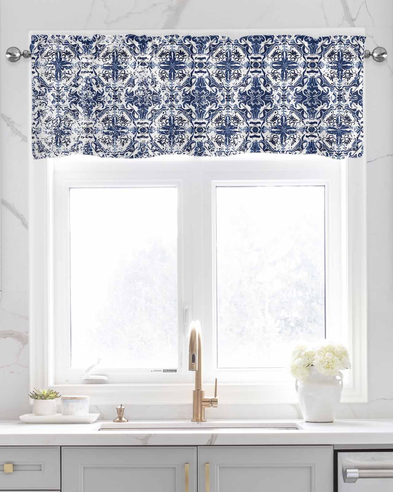 Navy Blue Boho Linen Curtain Valance for Bedroom/Bathroom/Kitchen/Office/Living/Dining Room Window,Ehtnic Abstract Art Modern Geometric Rod Pocket Topper Decorative Cafe Drapes Panel 42"x18"