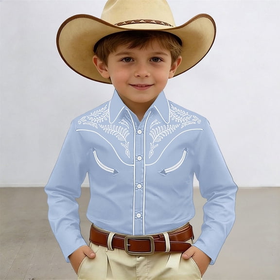 KDFJPTH T Shirts for Kid Trendy Boys Western Print Denim Shirt Classic Long Sleeve Button Down Top With Blend Toddler Tshirts