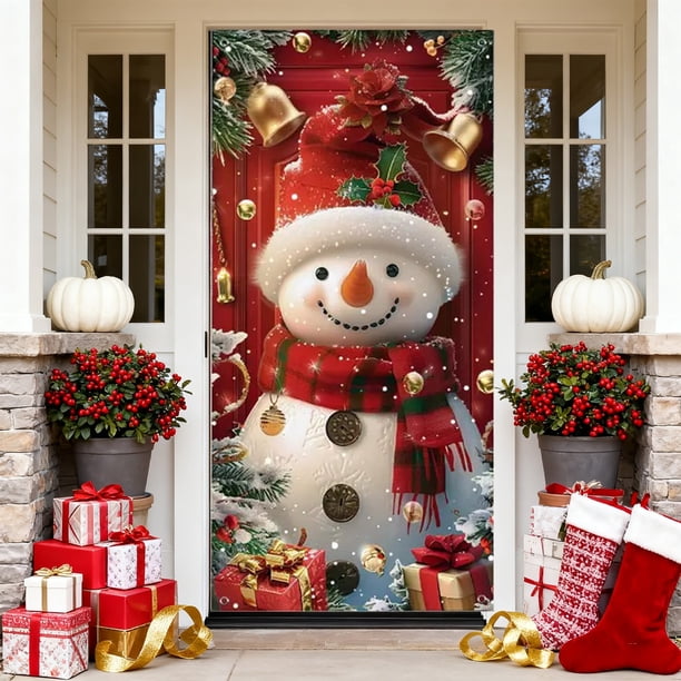 Decoraciones navideñas, adornos navideños, regalos de Navidad. Cubrepuertas navideño para puerta con diseño de muñeco de nieve. Cortina de poliéster disponible.