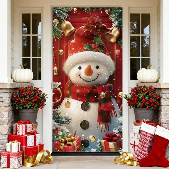 Fasiaou Christmas Door Banners Santa and Snowman Holiday Door Cover Hanging Flag Outdoor Front Porch Wall Decor For Home Party Decoration, Outdoor Christmas Door Decor, Holiday Door Hanger(D)