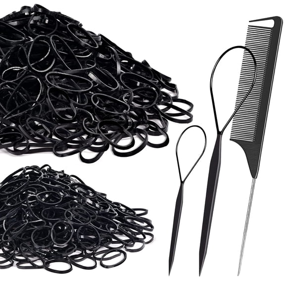 1000pcs Black Hair Rubber Bands with Hair Styling Tool,500pcs (M) Small Elastics Bands 500pcs(S) Mini Hair Rubber Bands 2Pcs Hair Loop 1Pcs Rat Tail Comb Black