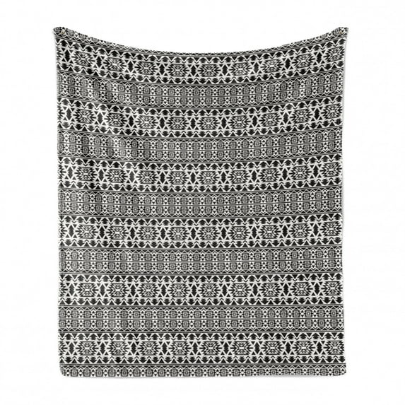 Black and White Soft Flannel Fleece Blanket, Folk and National Art Design Mexican Mayan Culture Pattern with Triangles, Cozy Plush for Indoor and Outdoor Use, 50" x 70", Black White, by Ambesonne