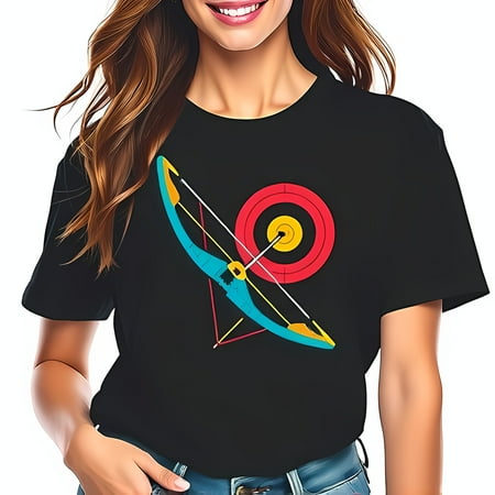 Teal and Orange Archery Bow and Arrow Graphic T-Shirt for Women - Target Design on Black Background - Stylish and Colorful Tee