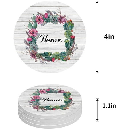 

ZHANZZK Summer Plants Cactus Wreath Wooden Grain Set of 4 Round Coaster for Drinks Absorbent Ceramic Stone Coasters Cup Mat with Cork Base for Home Kitchen Room Coffee Table Bar Decor