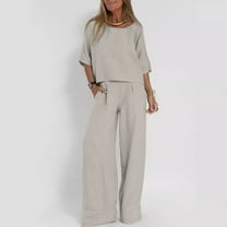 Riforla Women Fashion Solid Casual Loose Seven Quarter Sleeve Wide Leg Pantsuit 2 Piece Sets for Women Grey L