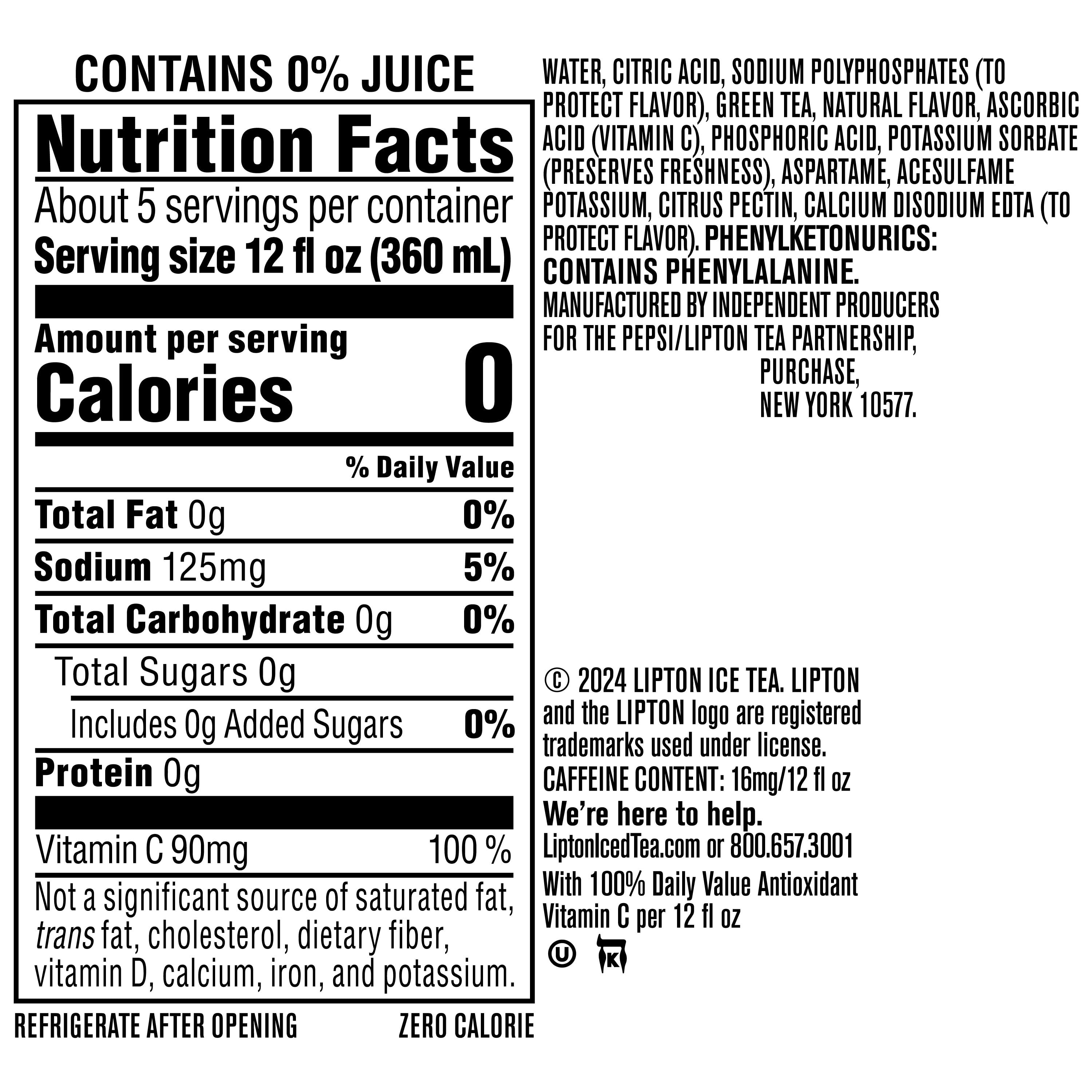 Lipton Green Tea Citrus Zero Sugar Iced Tea, 64 fl oz Bottle